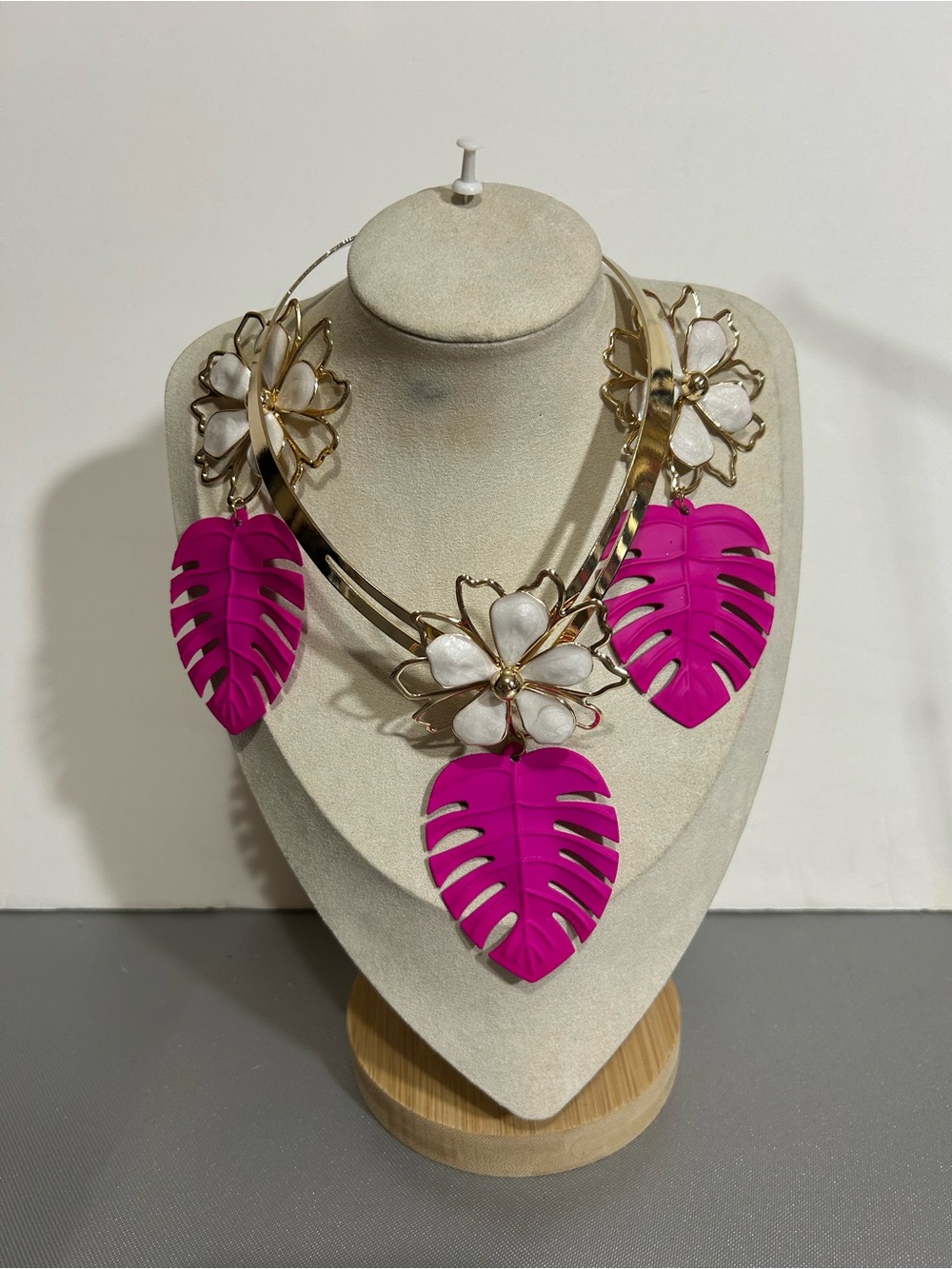 Gold Floral Necklace with Bright Pink Leaf Accents